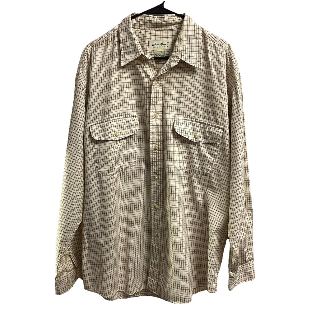 Eddie Bauer Vintage Mens Ivory Plaid Red&Blue‎ Button Dress Shirt Western Sz. L